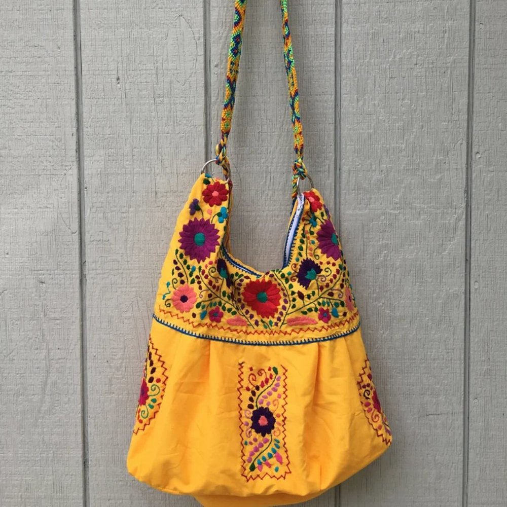Handmade Floral Embroidered Mexican Satchel Morral Bag - Bolsa Bordada Mexicana